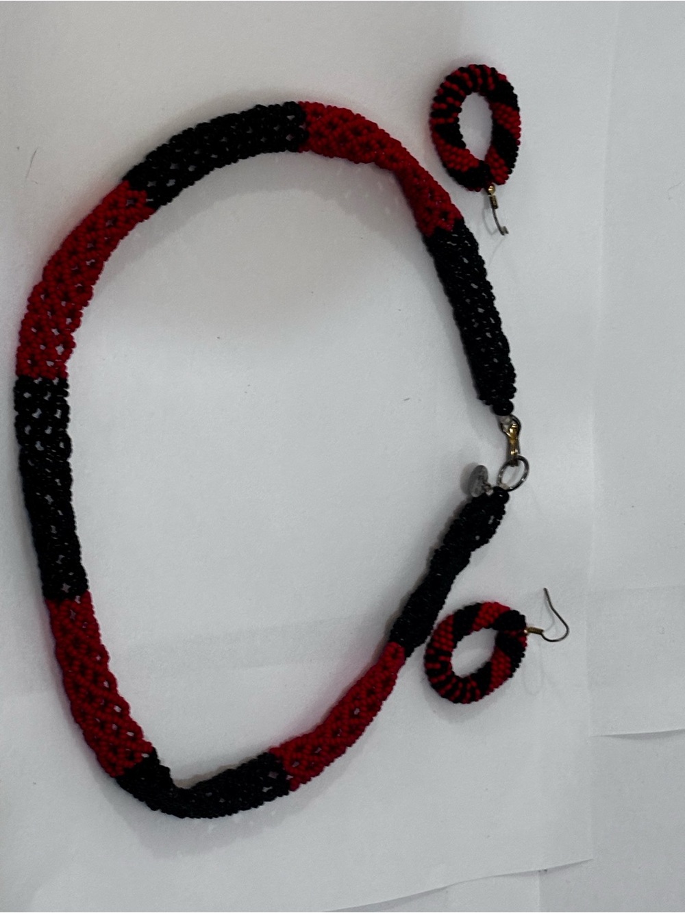 Roots Red and Black Handwoven Beaded Rope Necklace with Matching Hoop Earring